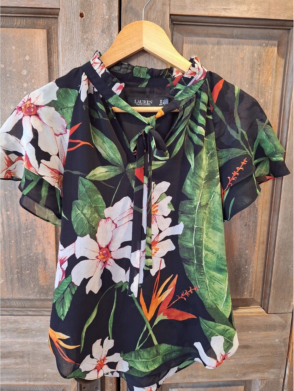 Ralph Lauren tropics blouse, sheer, double layered, chic. XS.